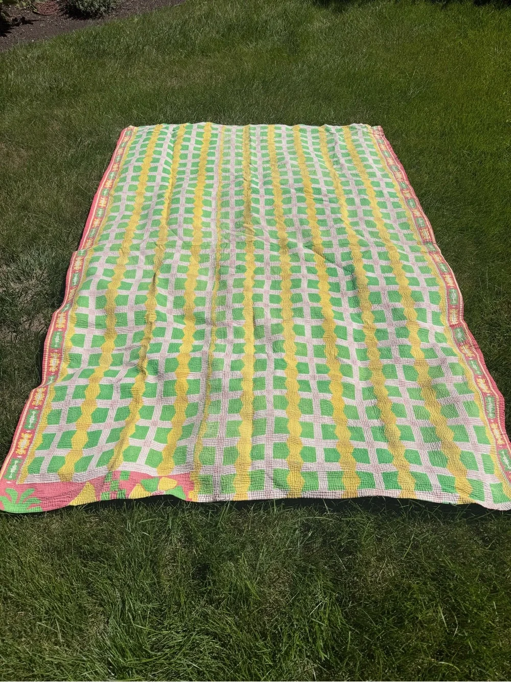 Vintage Indian Kantha Quilt Reversible Coral Floral Green Yellow Hand Stitched T
